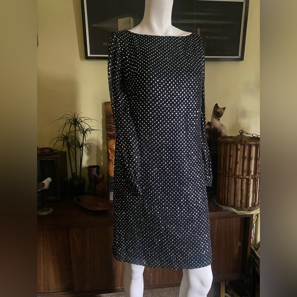 Ladies classic Vintage sheer silver polka dot shift dress Mod 1960’s retro